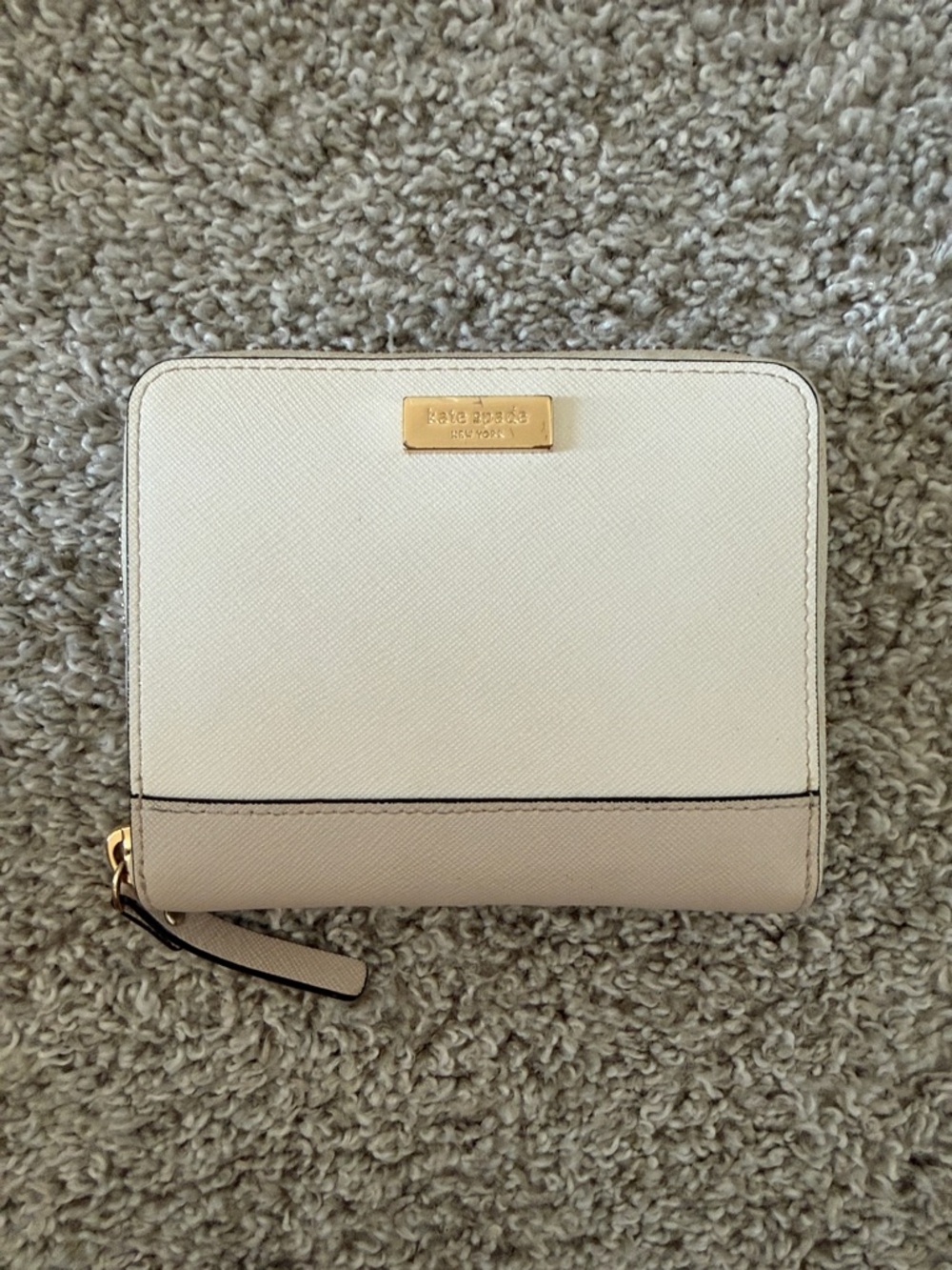 kate spade Two-Tone Cream and Beige Zip Around Wallet with Gold Plaque